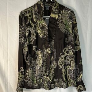 Ann Taylor 100% Silk Paisley Print brown and green ruffle‎ front blouse Size 14